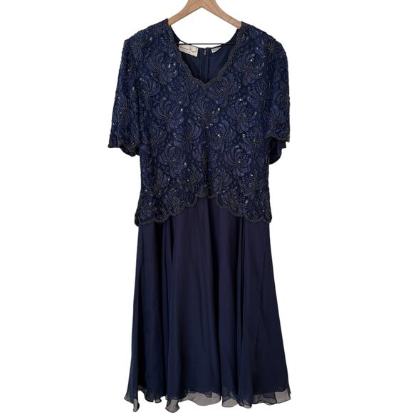 Laurence Kazar Woman's Size XL Vintage Navy Blue Sheath Beaded Padded Maxi Dress - Picture 1 of 9